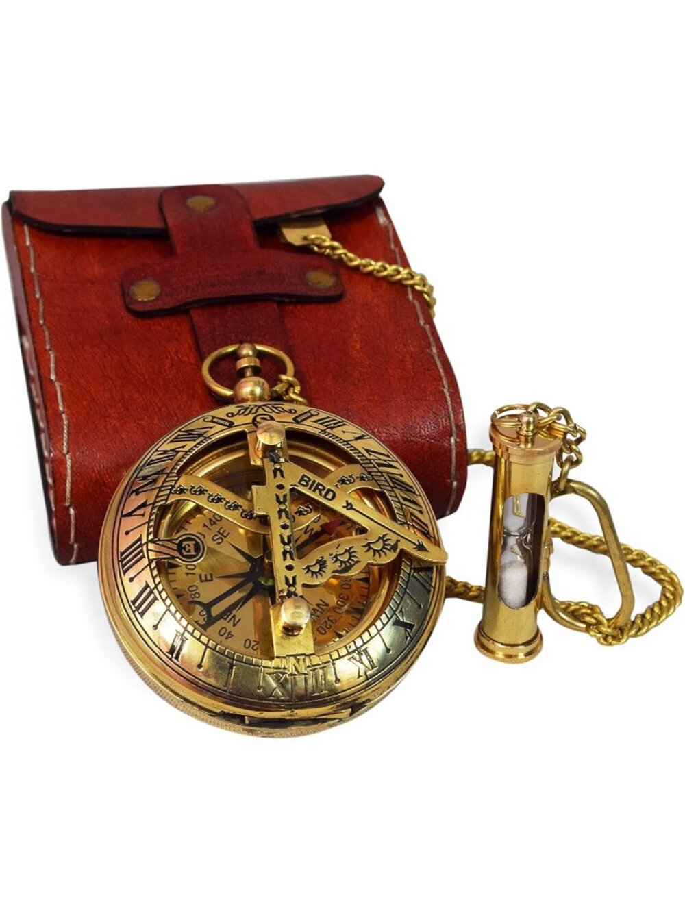 Men's Gold Analog Handcrafted Engraved Vintage Brass Sundial Antique Compass